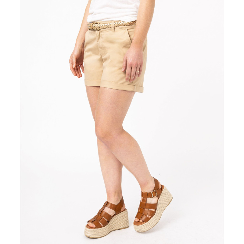 Short chino en stretch avec ceinture tressée dorée femme