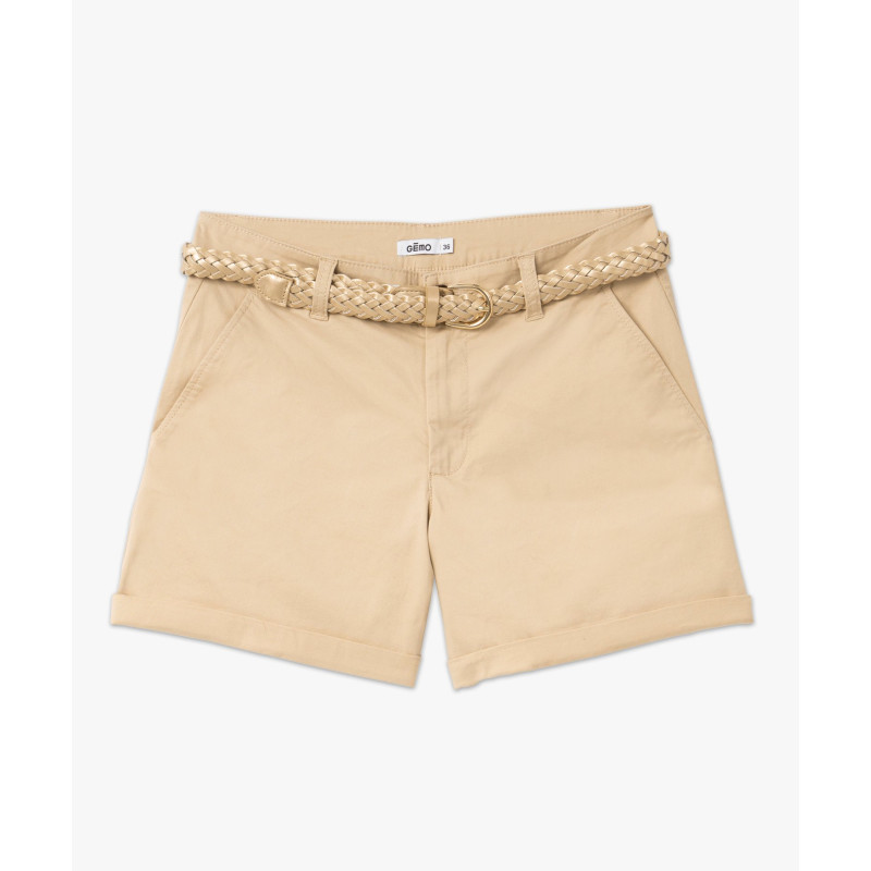 Short chino en stretch avec ceinture tressée dorée femme