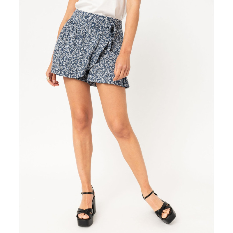 Jupe short à motifs fleuris avec volants femme