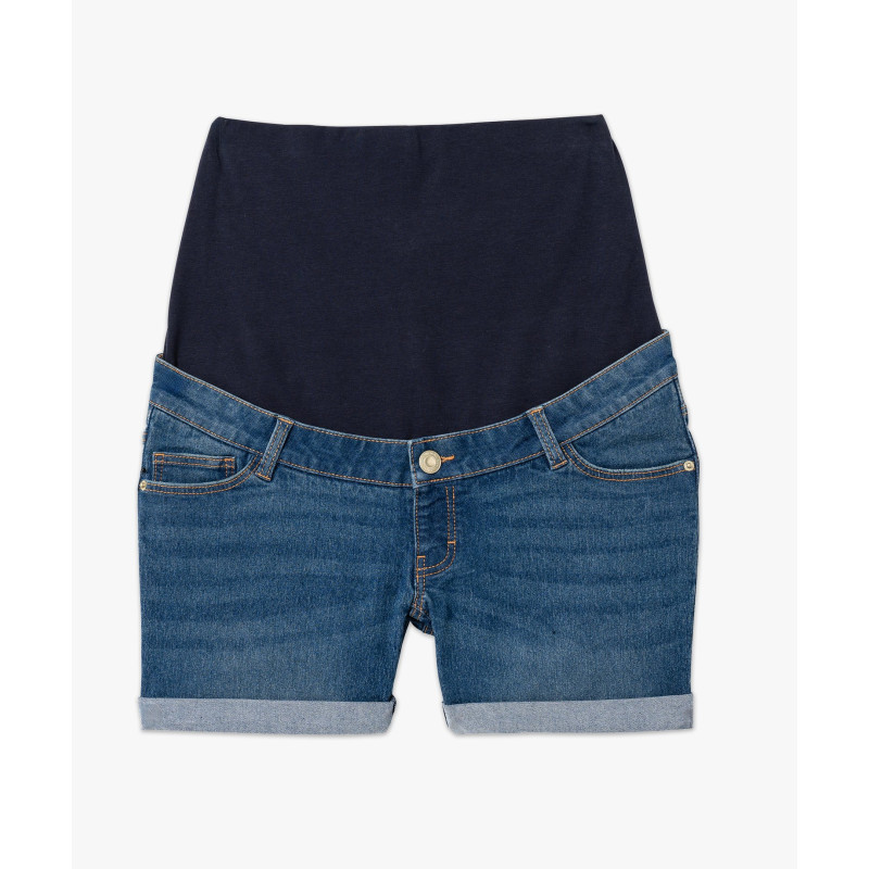 Short en jean de grossesse à bandeau bas et revers