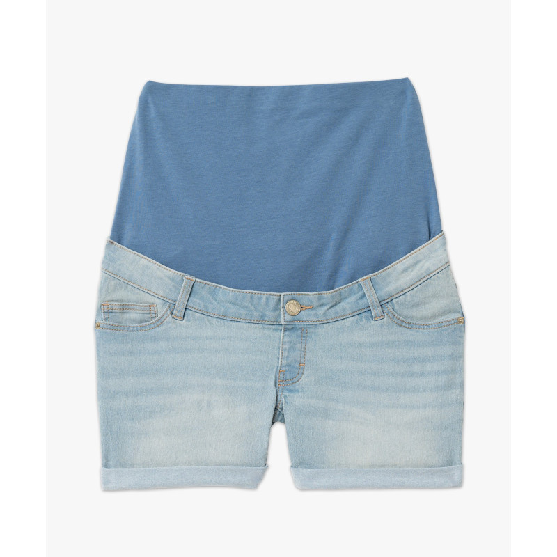 Short en jean de grossesse à bandeau bas et revers