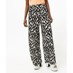 Pantalon large en maille plissée à motifs fleuris femme