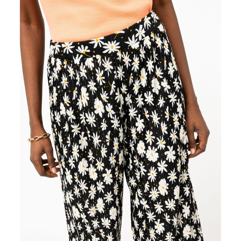 Pantalon large en maille plissée à motifs fleuris femme