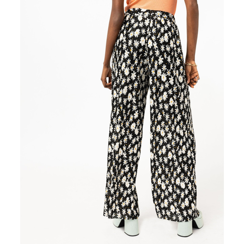 Pantalon large en maille plissée à motifs fleuris femme