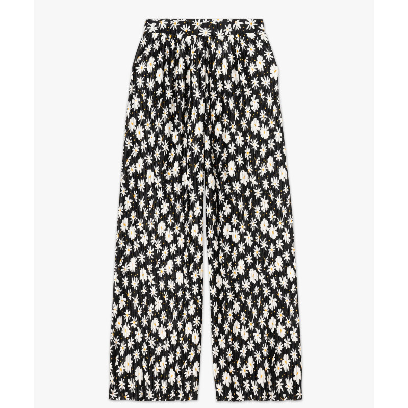 Pantalon large en maille plissée à motifs fleuris femme