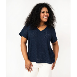 Tee-shirt grande taille manches courtes en maille ajourée femme