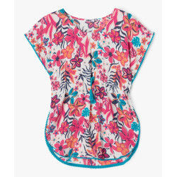 Robe de plage forme poncho à motifs fleuris fille