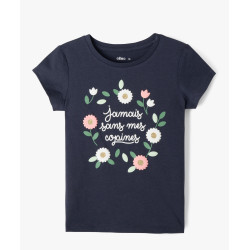 Tee-shirt à manches courtes avec motifs fleuris et paillettes fille