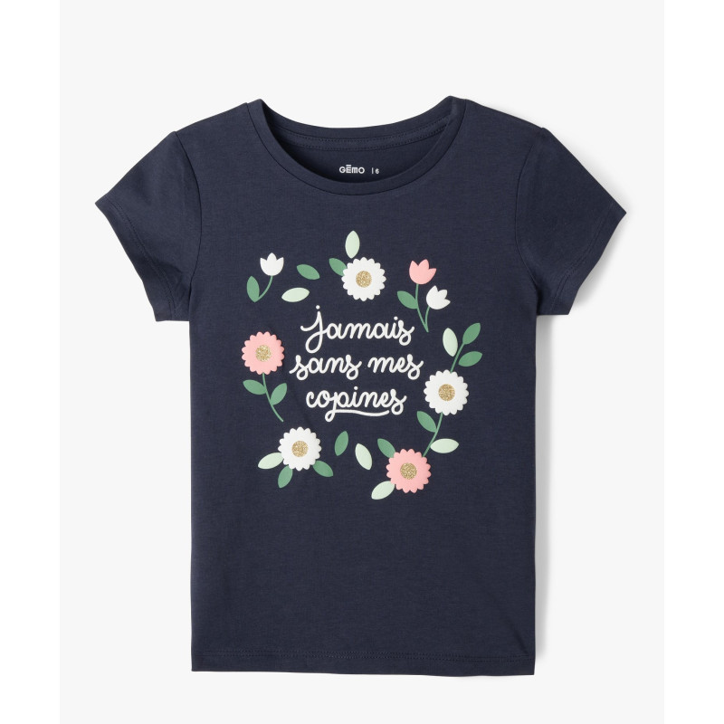 Tee-shirt à manches courtes avec motifs fleuris et paillettes fille