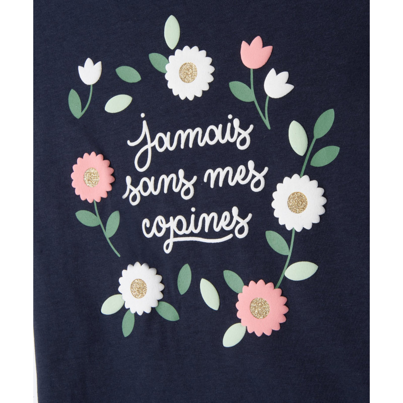 Tee-shirt à manches courtes avec motifs fleuris et paillettes fille