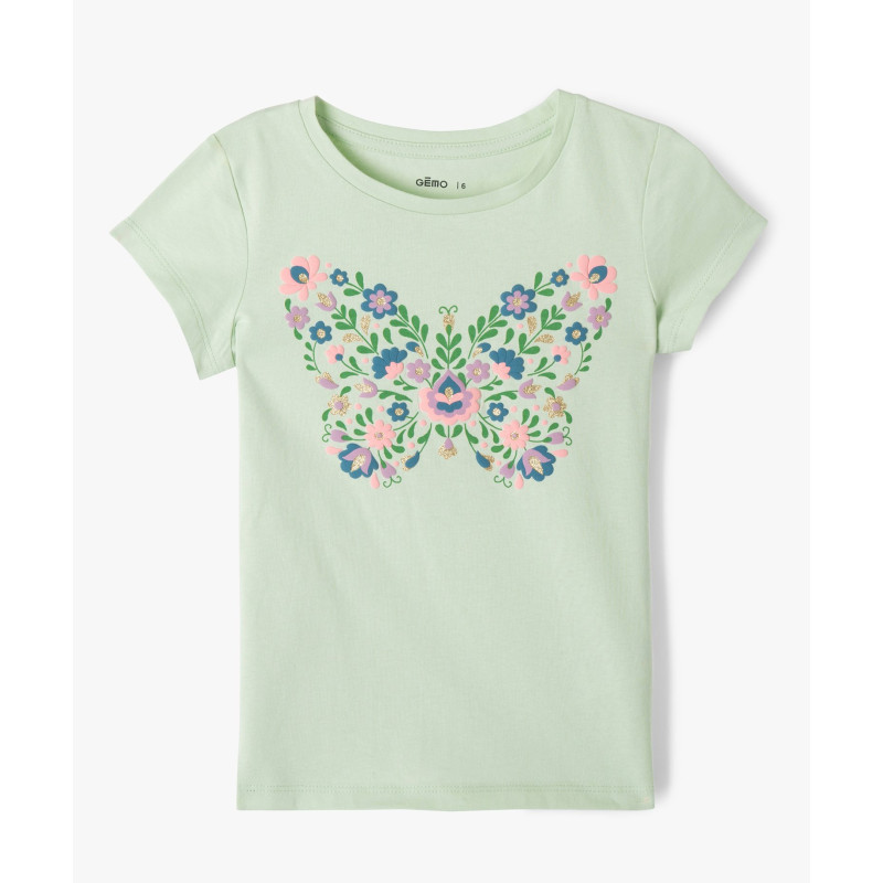 Tee-shirt à manches courtes avec motifs fleuris et paillettes fille