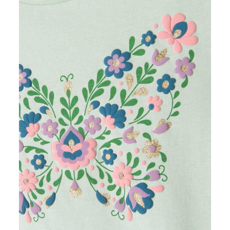 Tee-shirt à manches courtes avec motifs fleuris et paillettes fille