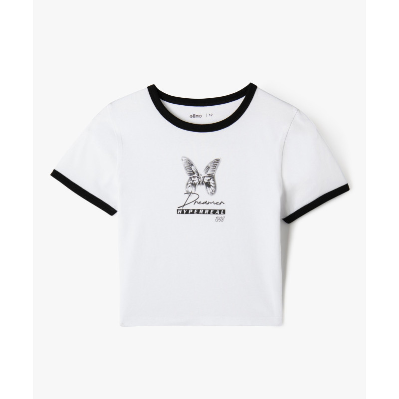 Tee-shirt manches courtes coupe courte avec motif fille