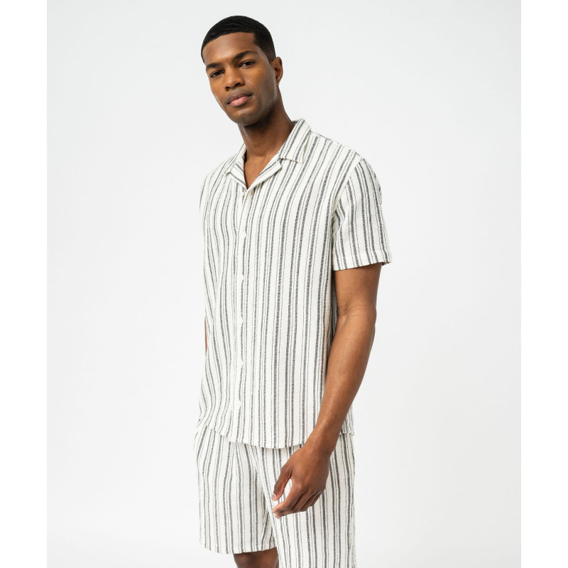 Chemise manches courtes et col cubain en coton tissé rayé homme