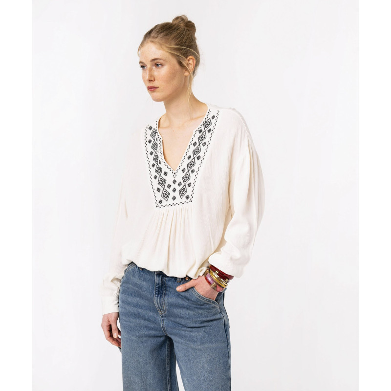 Blouse à manches longues avec col V brodé femme