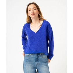 Pull à col V finitions roulottées femme