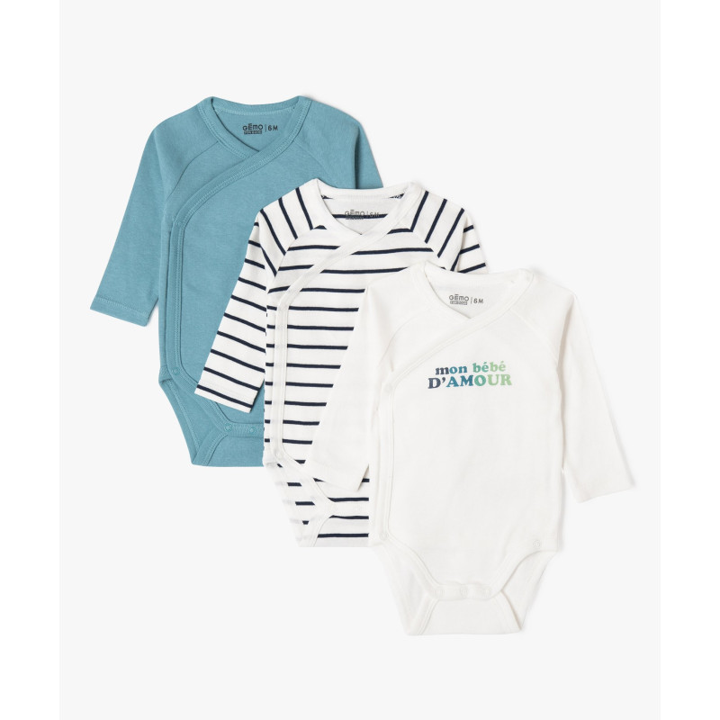 Body manches longues et fermeture croisée devant bébé garçon (lot de 3)