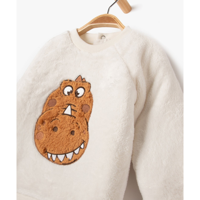 Sweat en maille peluche avec motif dinosaure brodé bébé garçon