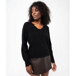 Pull en maille col V finitions dentelées femme