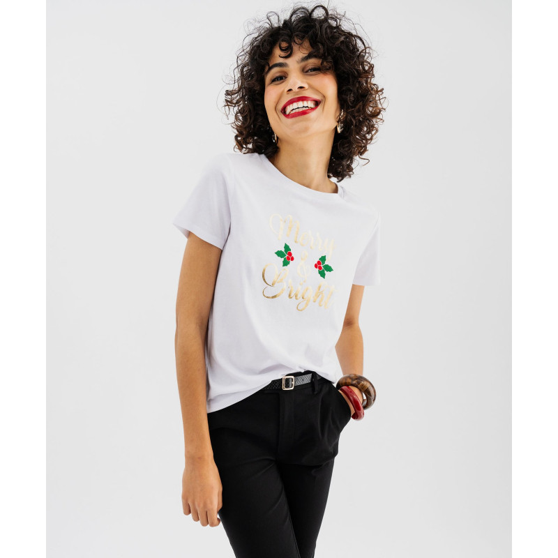 Tee-shirt de Noël manches courtes imprimé doré femme