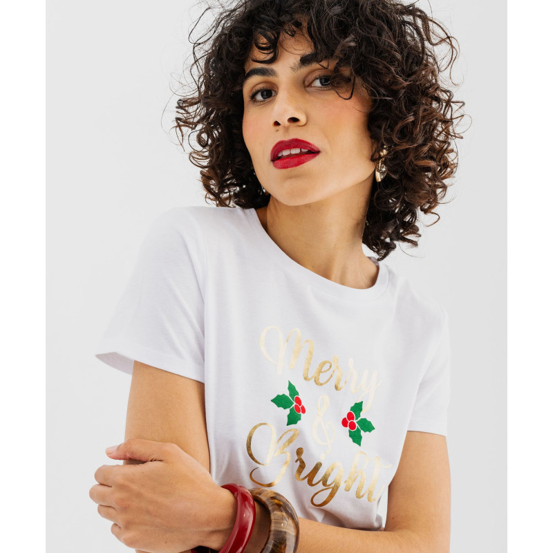 Tee-shirt de Noël manches courtes imprimé doré femme