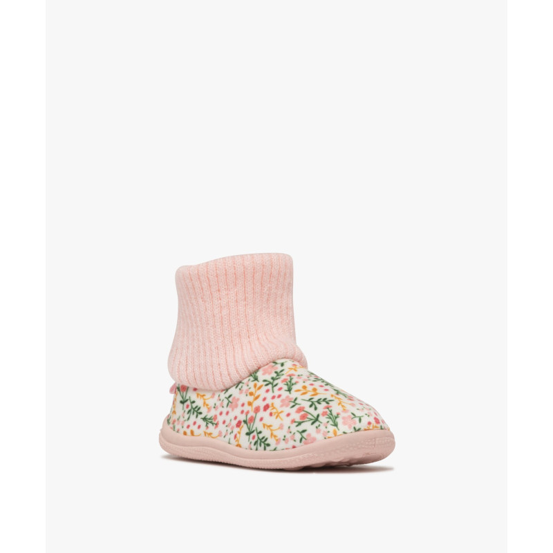 Chaussons bébé fille boots à col chaussette motif fleuri