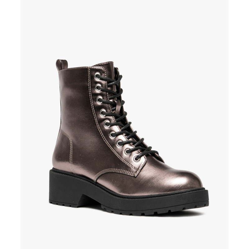 Boots femme vernies avec semelle crantée épaisse à zip et à lacets